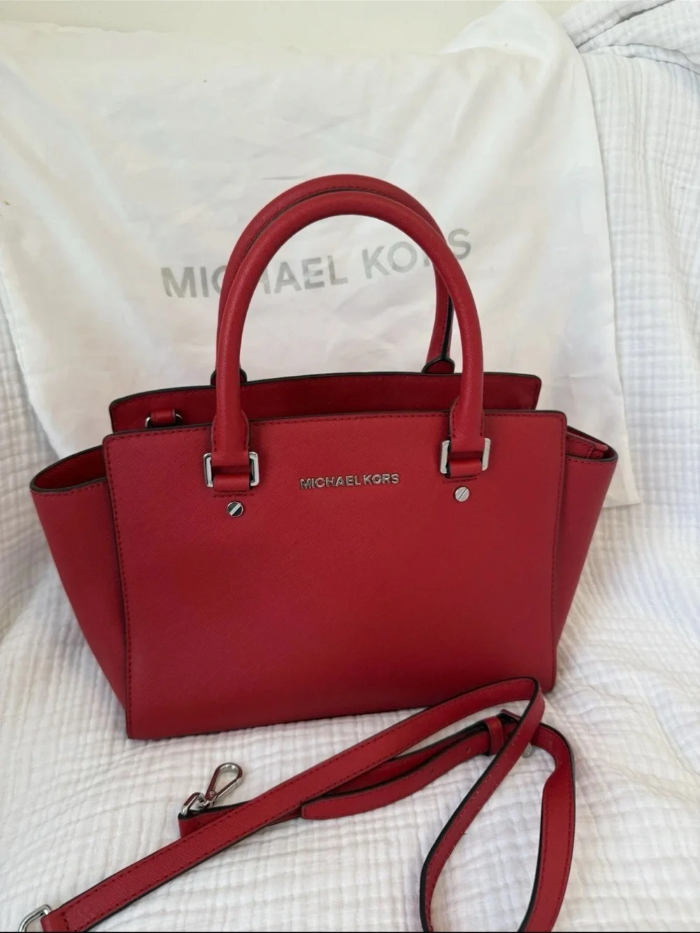 Michael Kors Selma Red Saffiano Satchel with Top Handles - Picture 1 of 7